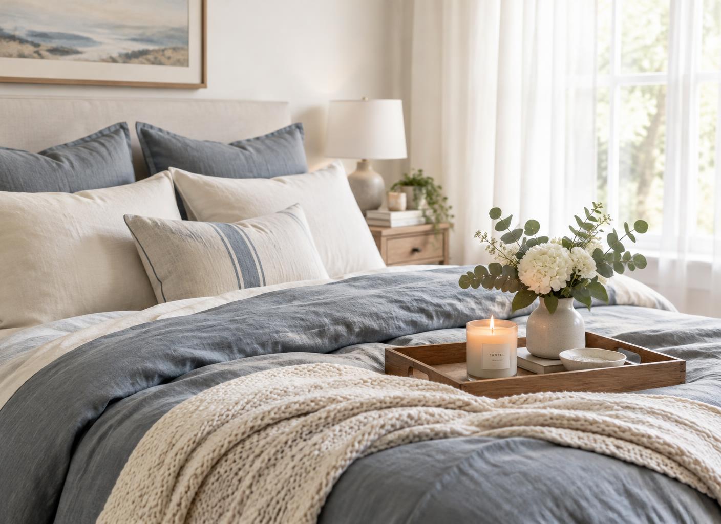 A freshly cleaned, cozy bedroom with soft blue and ivory bedding